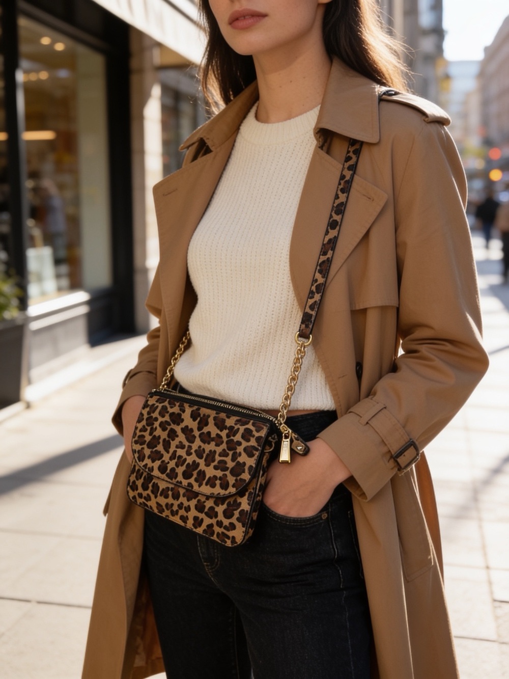 14th & Union Leopard-Print Crossbody in Brown & Black with Gold Chain